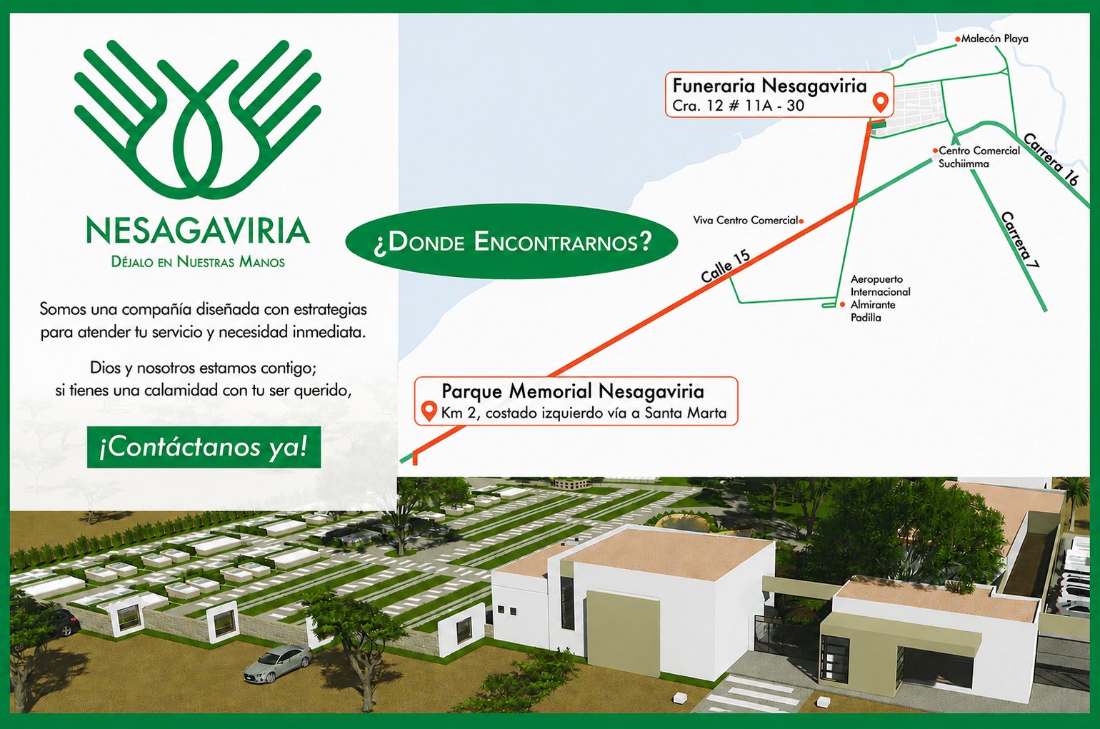 Mapa de ubicación de Funeraria y Parque Memorial NESAGAVIRIA en Riohacha, con direcciones y puntos de referencia.