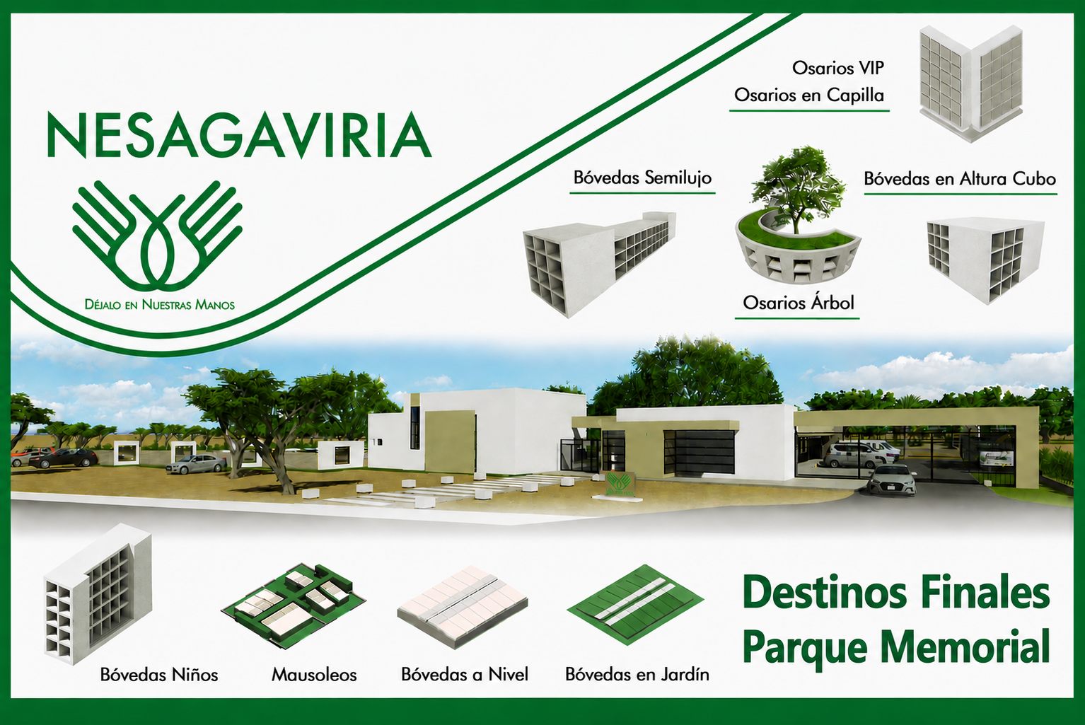Catálogo visual de destinos finales en el Parque Memorial: bóvedas, osarios, mausoleos y espacios en jardín.